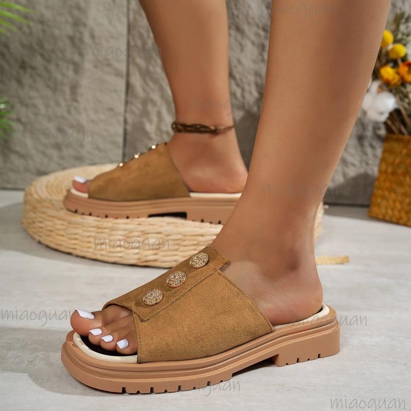 Fashion 2025 Fashion Ladies Shoes Peep Toe Women's Slippers Fashion Metal Decoration Daily Slippers Women Summer Plus Size Flat Slippers