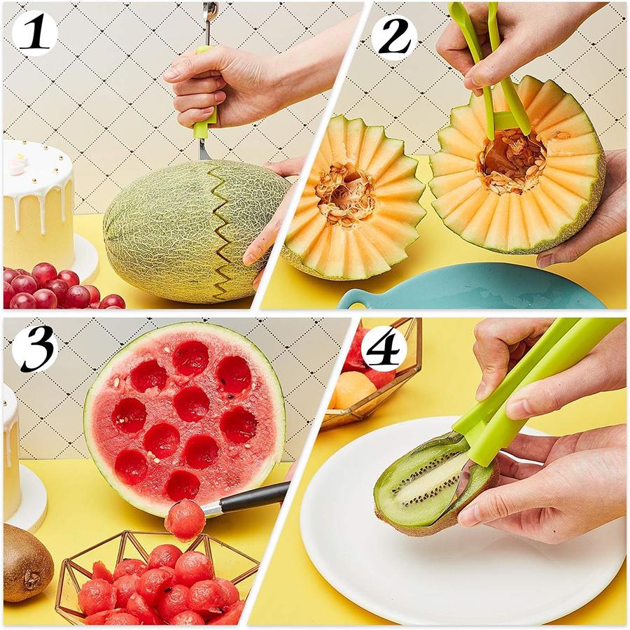 4 In 1 Stainless Steel Fruit Carving Tools Set Watermelon Scooper Fruit Scooper and Baller Fruit Carving Tools
