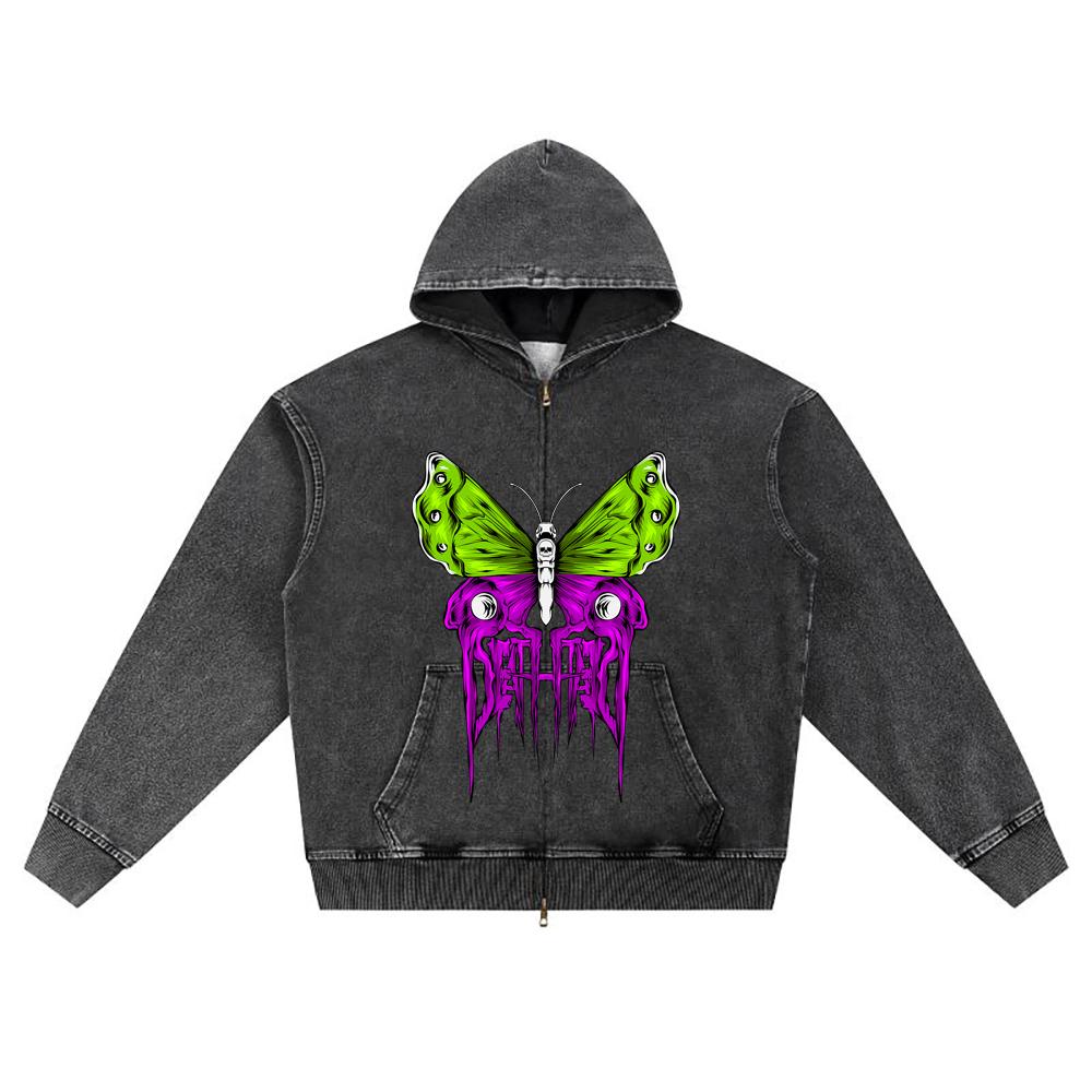 DTG-Druck Gestrickter Denim Reißverschluss Hoodie Schmetterling_Tod Bruder Print Reißverschluss Hoodies