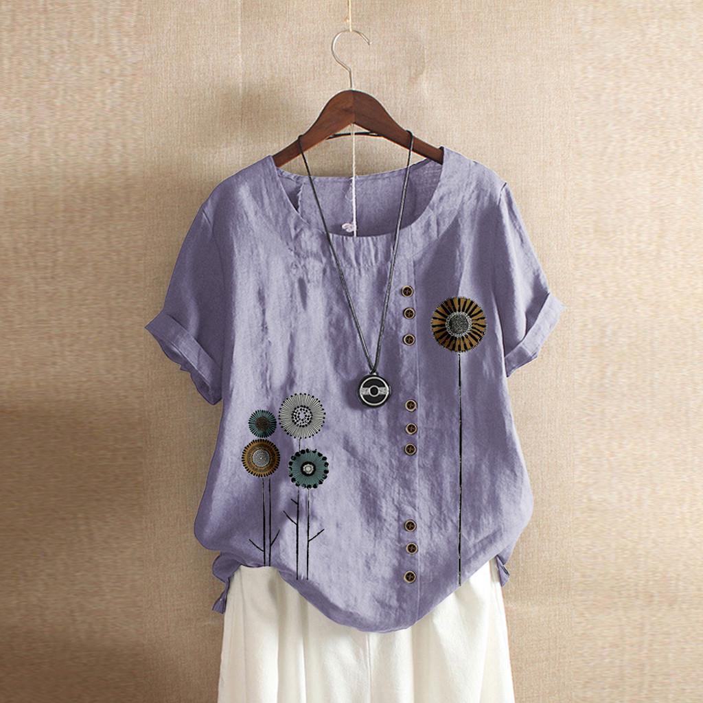 Women Buttons  Short Sleeve Floral Print Buttons Cotton Linen Vintage Top