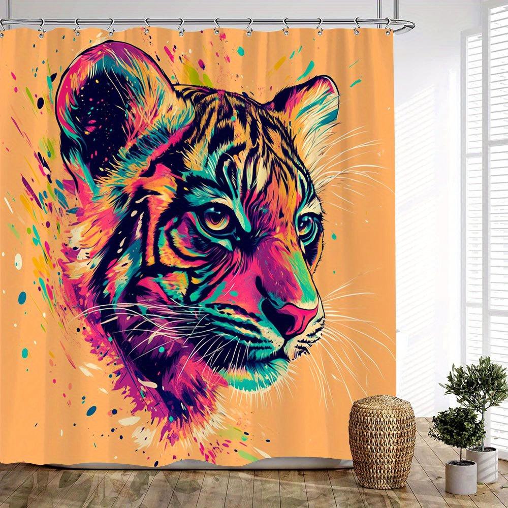 1Pc Vibrant Tiger Shower Curtain - Abstract Art Design With Bold Pink, Blue, Green, Yellow Strokes, 70. 86X70. 86 Inches, Polyes