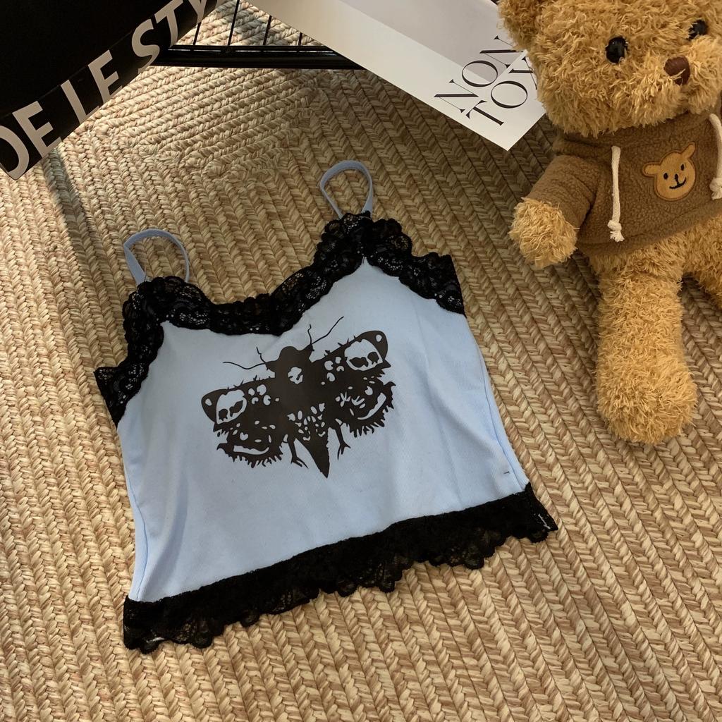 Summer Women Lace With Chest Pads Sling Tops Female Straps Tank Tops Harajuku Streetwear Camisole Sexy Butterfly Printed Crop Tops