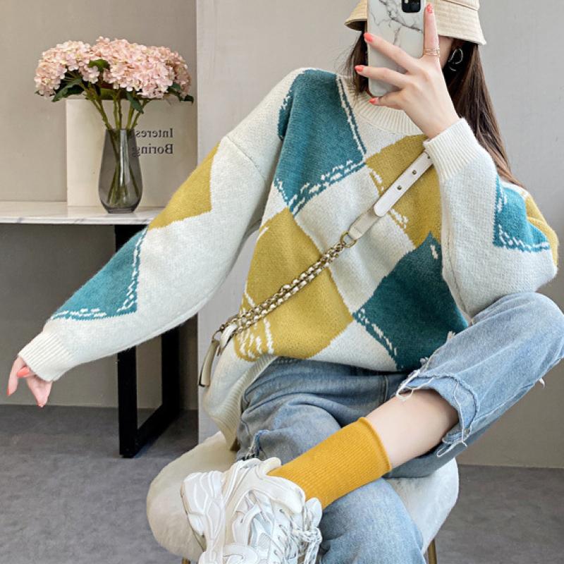 Pull Vintage surdimensionné à col rond Argyle pour femme, pull ample à manches longues, mode coréenne, automne