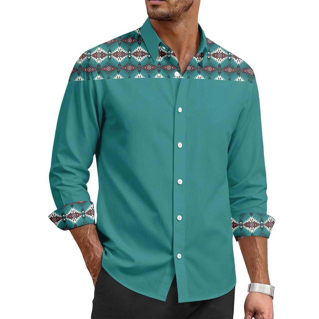 Herren Freizeit Hemd mit stilvollem Retro-Textur-Druck - Herren Langarm Oberteil mit Kragen und Knöpfen