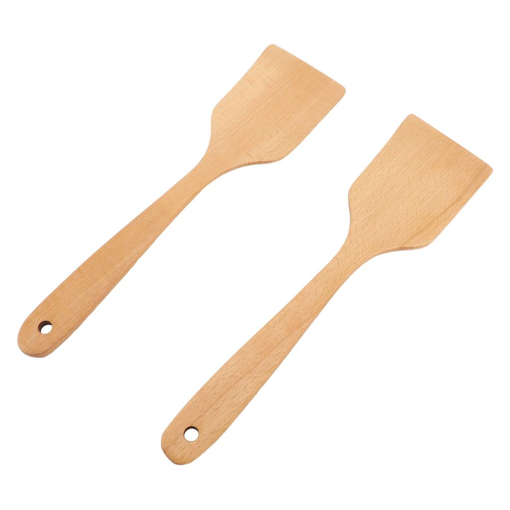 2 STÜCK Holzspatel Kochwender Buchenholz Langer Griff Breit Flach Bratspatel für Küche