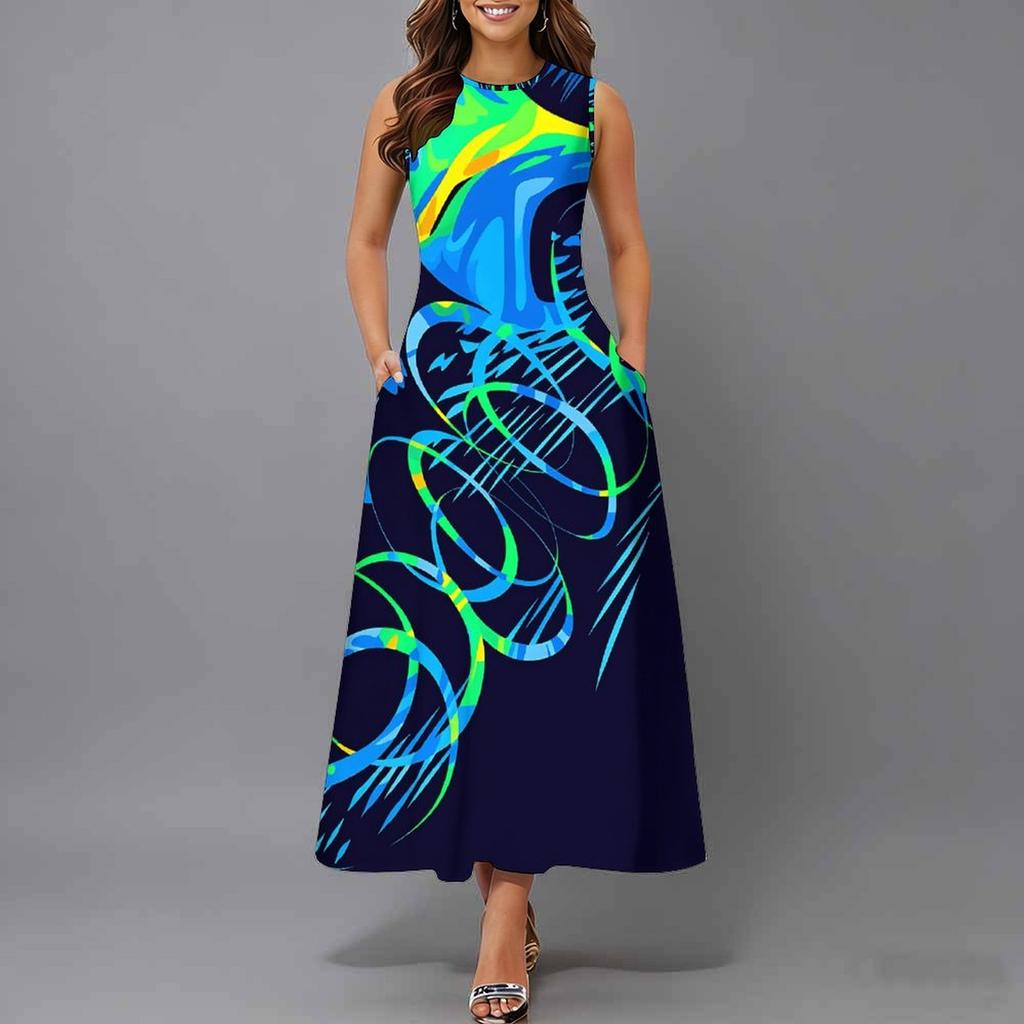 Oversized Women Sleeveless Round Neck Dress Elegant Mixed Floral Print Flowy Mid Length Dress