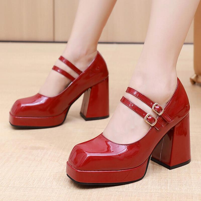 Women Pu Leather Pumps Thick High Heels Square Toe Buckle Mary Janes Fashion Party Spring Autumn Shoes Black Wine Red