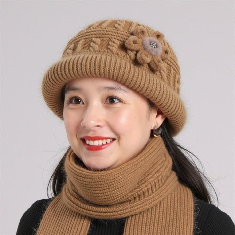 Plush Floral Knitted Bucket Hat Flower Warm Fisherman Hat Retro Woolen Hat Autumn and Winter