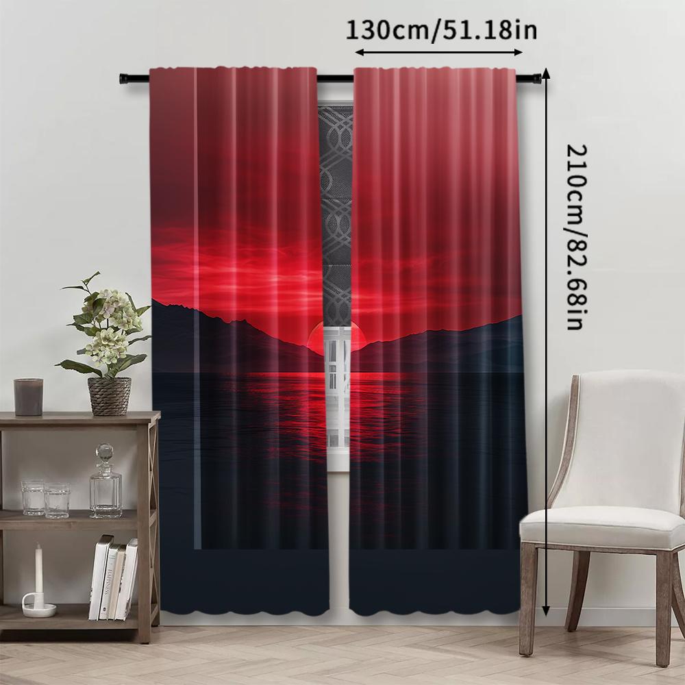 Modern Art Inspired Ribbed Pocket Curtains Tricot Polyester Plain Ombre Sunset Seascape Print Semi Sheer Room Darkening Set Of 2 Made