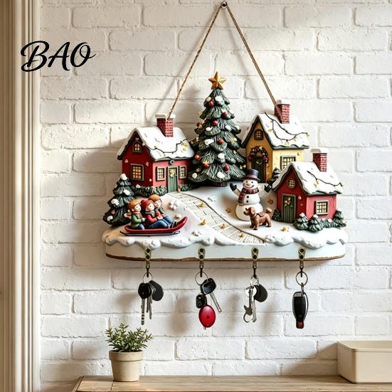 Christmas Gift for Home Winter Village Wooden Wall Hanging, Snow House Snowman Plaque, 4 Hook Lightweight Ornament Mount Key Holder, Holiday