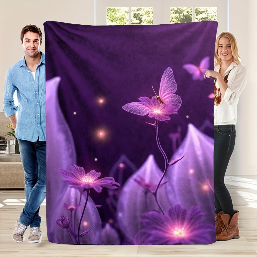 Purple Butterfly Blanket Magical Glowing Flowers And Butterflies Soft Fleece Throw Cozy Home Decor Gift For Fantasy And Nature