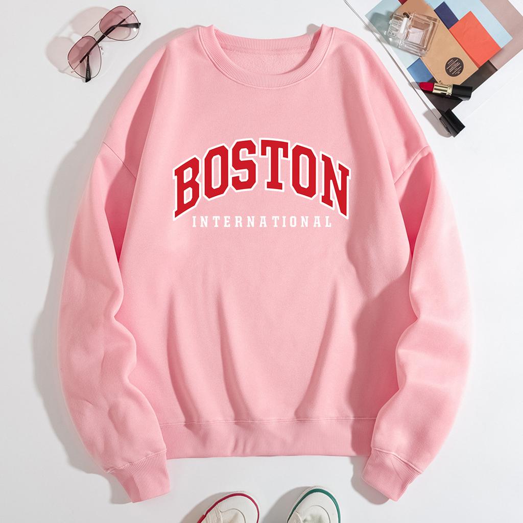 Autumn Letter "Boston International" Printed Hoodies Fashionable Casual Classic Sports Long Sleeved Women's Hoodies