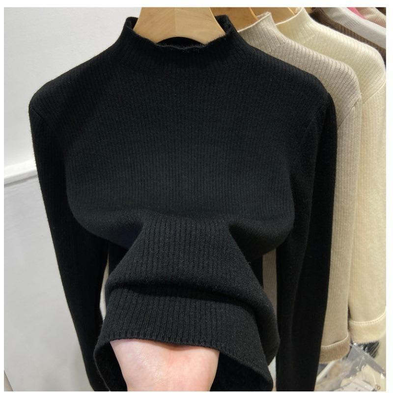 

Winter fleece thickened knitted bottoming shirt women s integrated fleece semi-turtleneck pullover warm inner top one size fits all чёрный