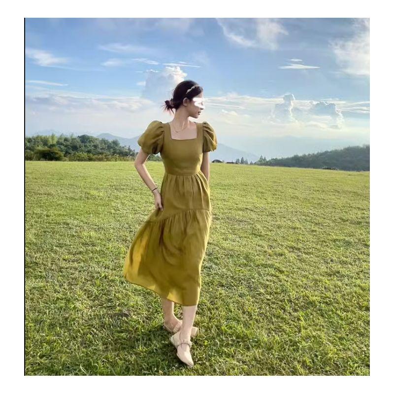 

Студенческое ультрадлинное платье в стиле Мори до пола Yellow green long (in stock) M