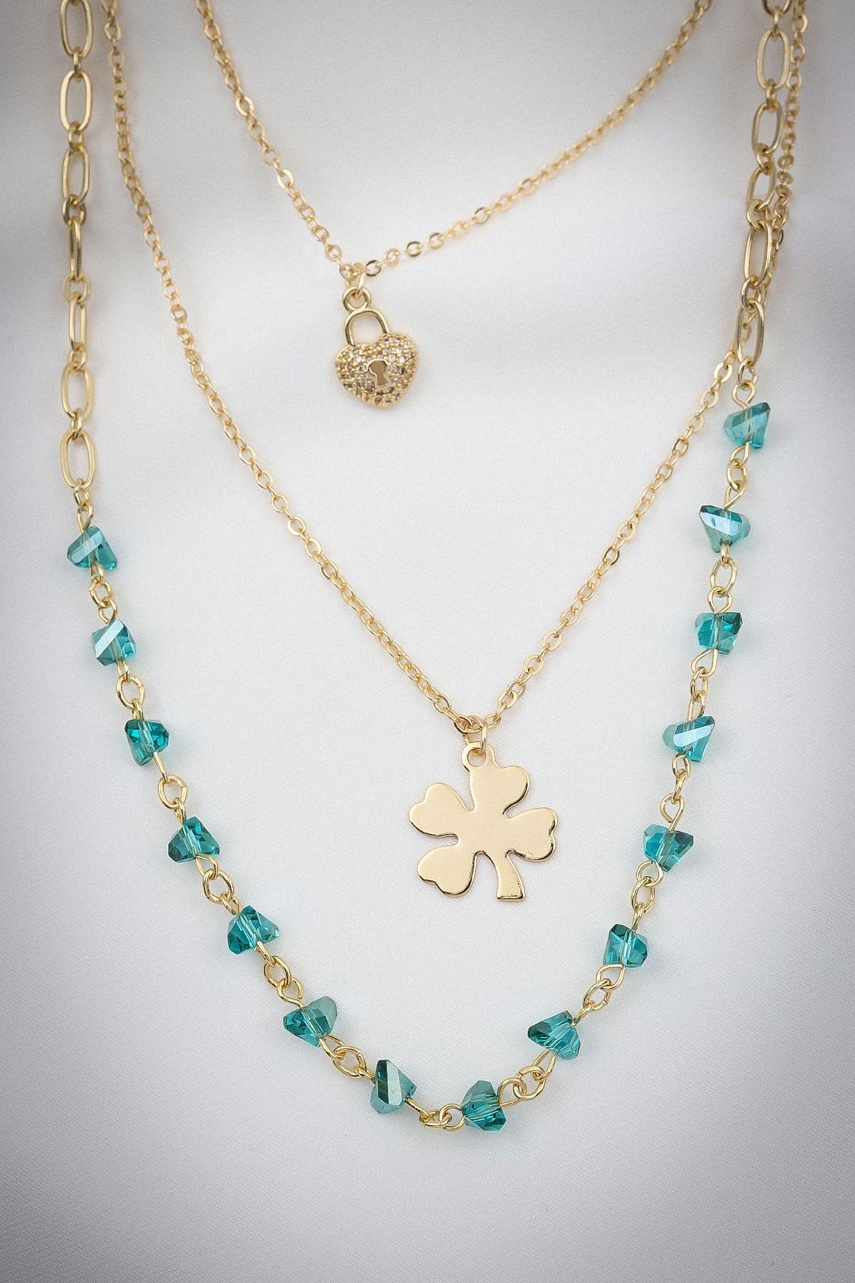 

Ожерелье из трех частей с подвеской в ​​виде клевера и синими бусинами