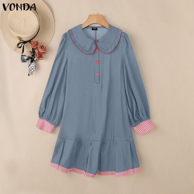 VONDA Women Turn Down Collar Long Sleeve Stitching Plaid Print Casual Ruffled Dress