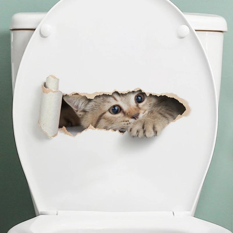

One Piece 3D Torn Peeping Kitten Toilet Sticker Waterproof Self Adhesive Bathroom Seat Decal Funny Decor Wall Sticker Room Decor