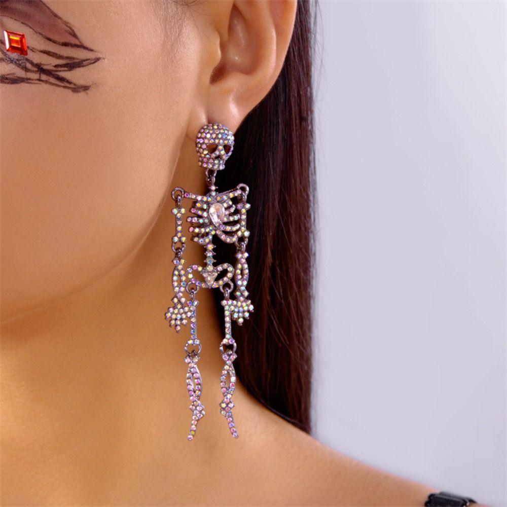Shiny Rhinestone Skull Earrings Punk Style Halloween Party Jewelry Skeleton Pendant Earrings  Lady
