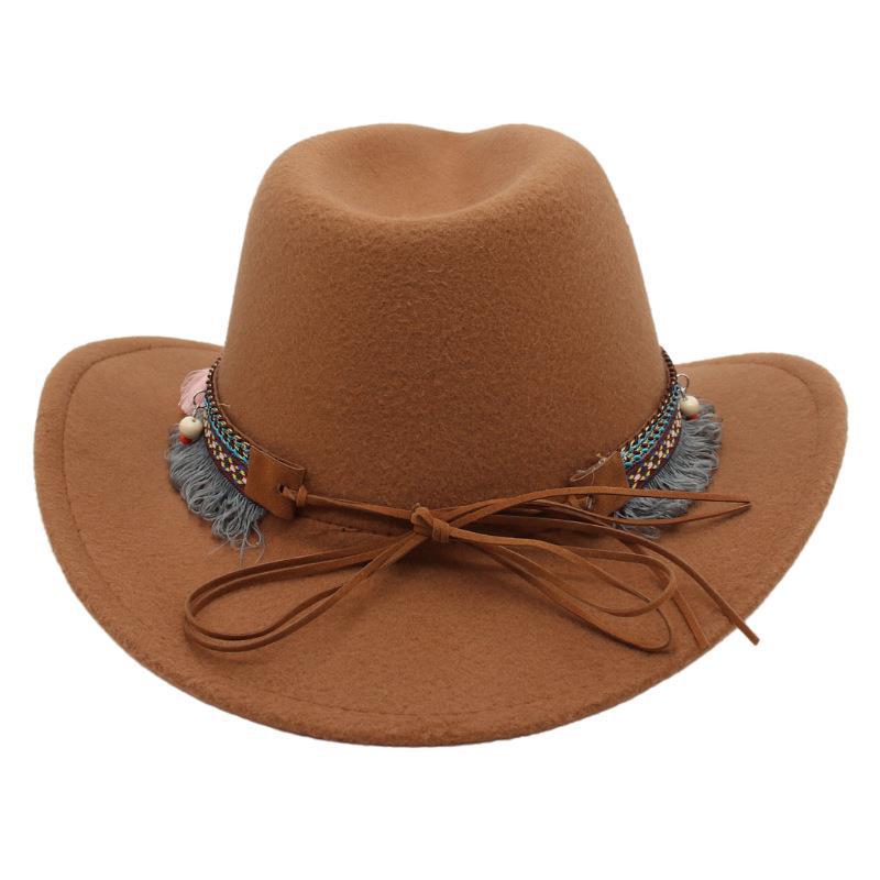 Ethnic Bowler Hat Tassel Western Cowboy Hat Jazz Hat Turquoise Felt Hat Outdoor Literary Sun Hat