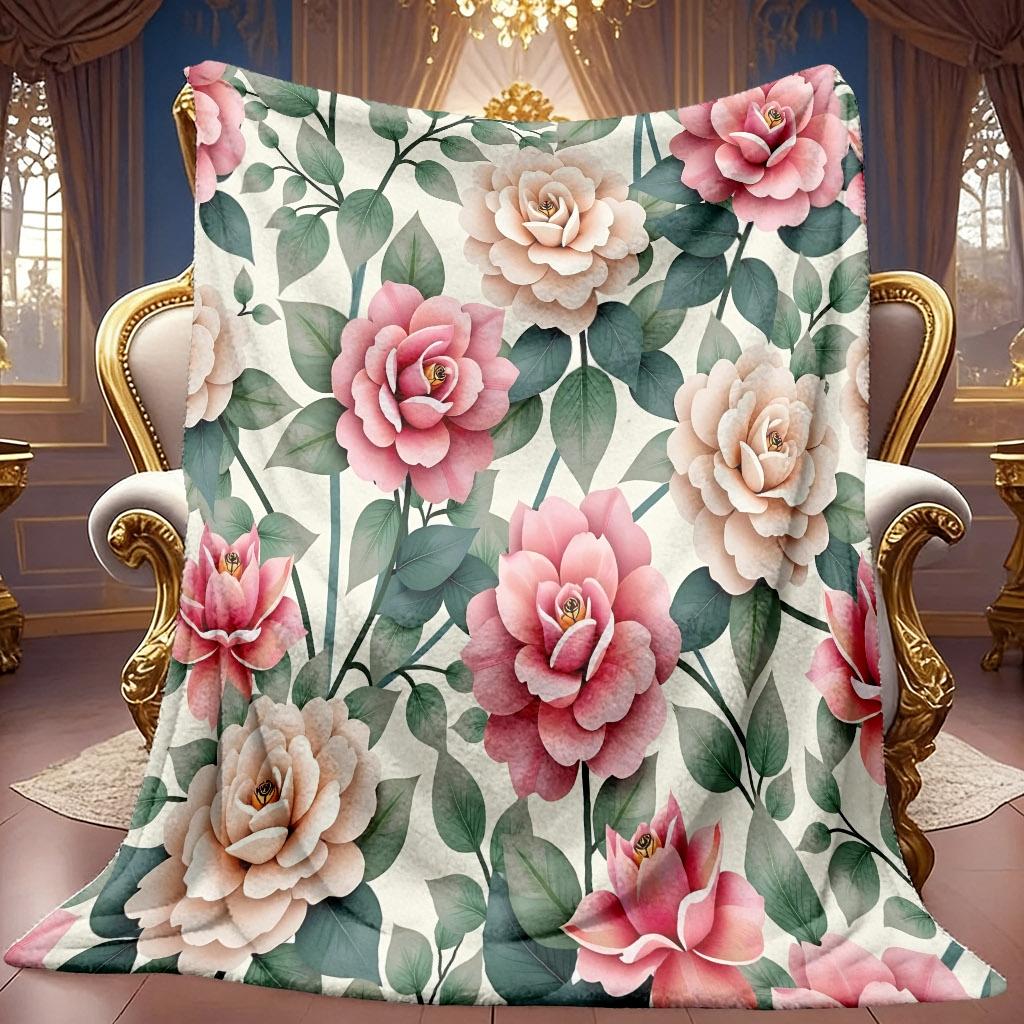 A 2D Flannel Blanket Featuring a Pink and Floral Pattern with Green Leaves, Soft High-definition Digital Print, a Cooling Blanket Suitable for All Sea