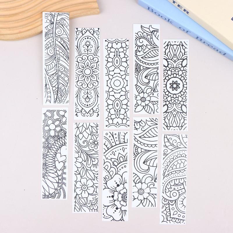 32 Stück Blumenmuster Mal-Lesezeichen DIY Leere Schwarzlinien-Zeichen-Lesezeichen für Kinder Erwachsene Stressabbau Lesezubehör