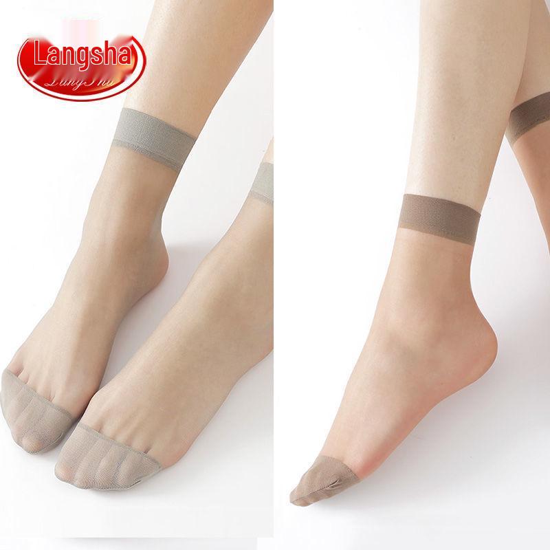 Langsha Crystal Women's Ultra-Thin Transparent Mid-Calf Stockings - Durable Black & Nude Short Socks for Summer.
