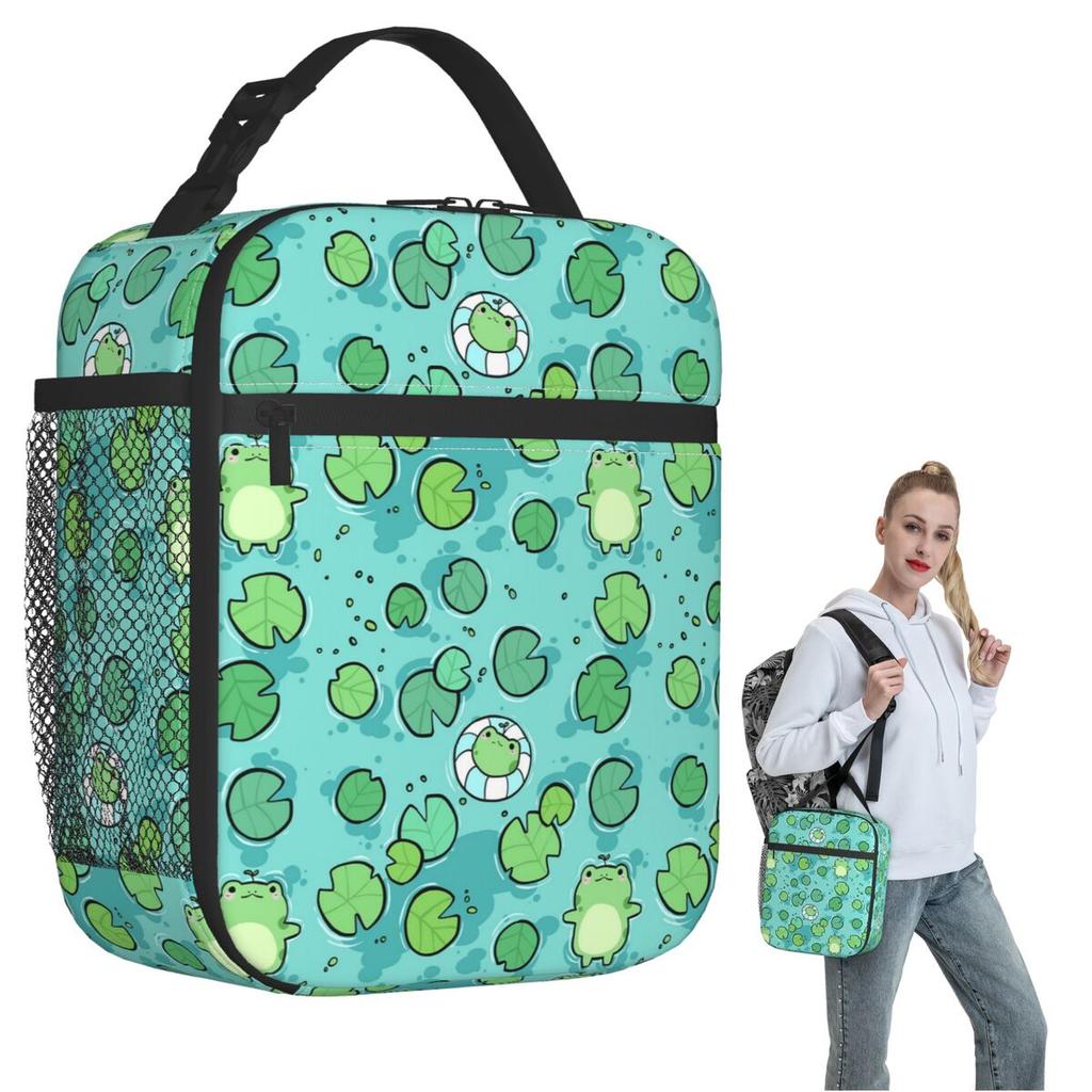 Cartoon Niedliches Froschmuster auf Lotusblättern Isolierte Lunchtasche für Damen Kinder Auslaufsichere Lebensmittelboxen Thermische Brotdose Tragetasche