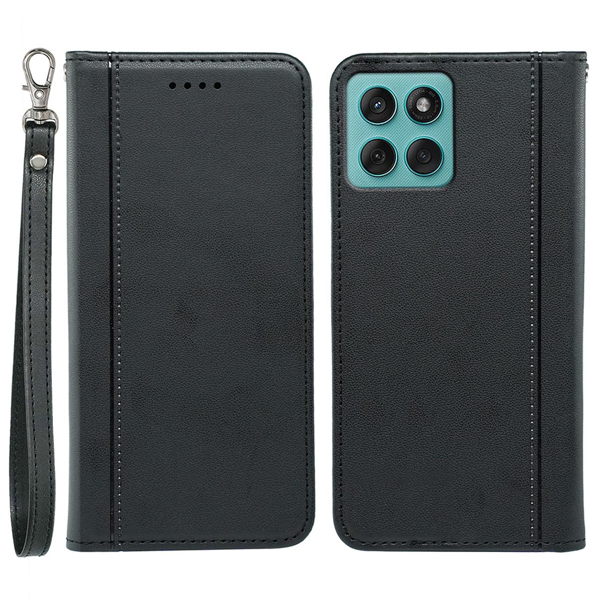 

For Motorola Edge 60 Fusion 5G Wallet Case Magnetic Closing PU Leather Phone Cover with Wrist Strap Black