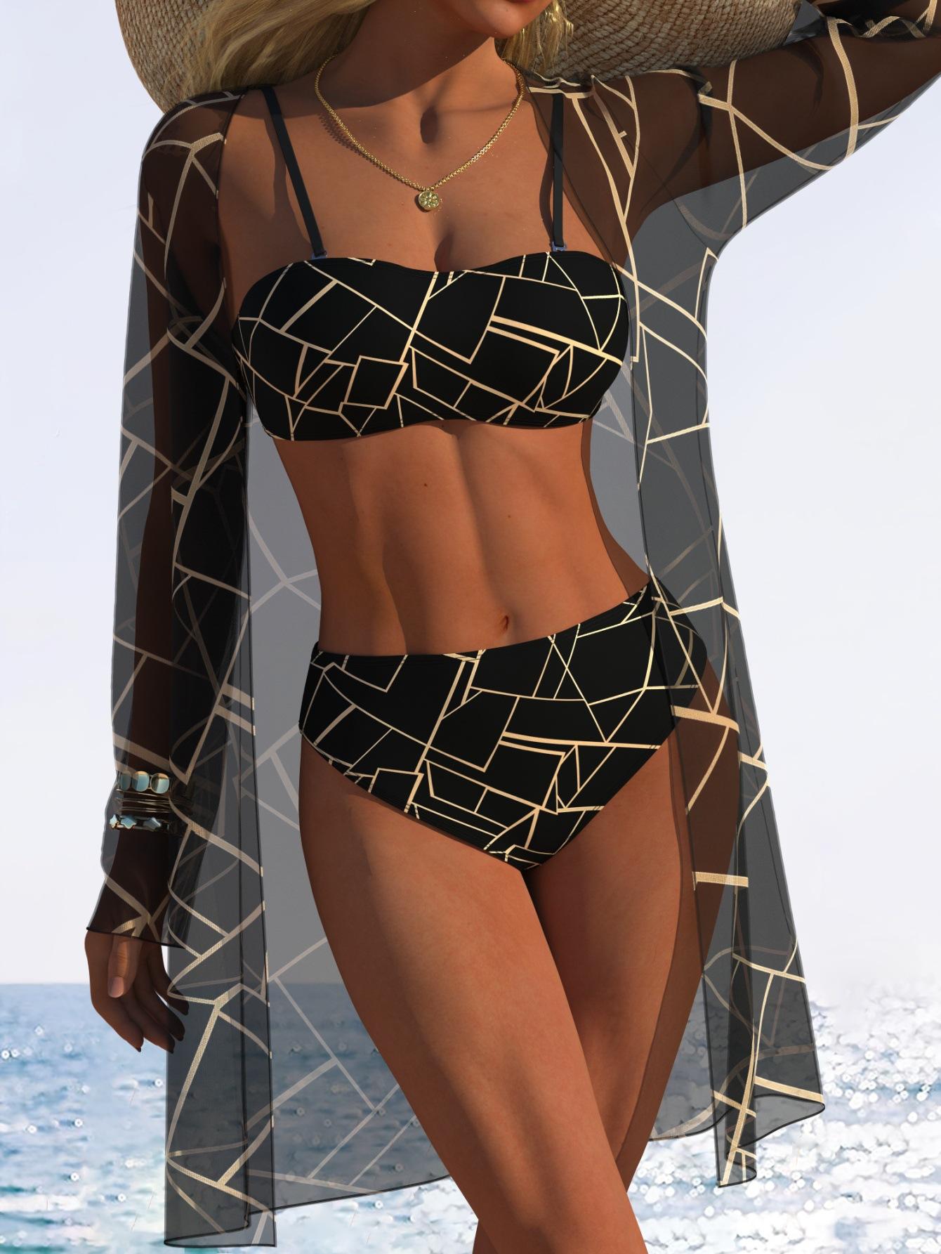 Three-piece Swimsuit Women s Printed Bikini Sexy Beach Vacation Swimsuit S