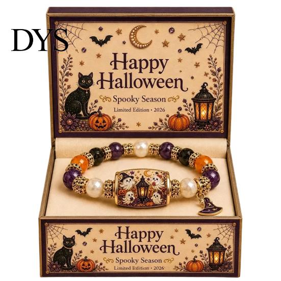 Adjustable Alloy Wristband Halloween Stretch Beaded Bracelet with Gift Box, Black Cat Pumpkin Ghost Stylish Wrist Accessory for Parties Crow