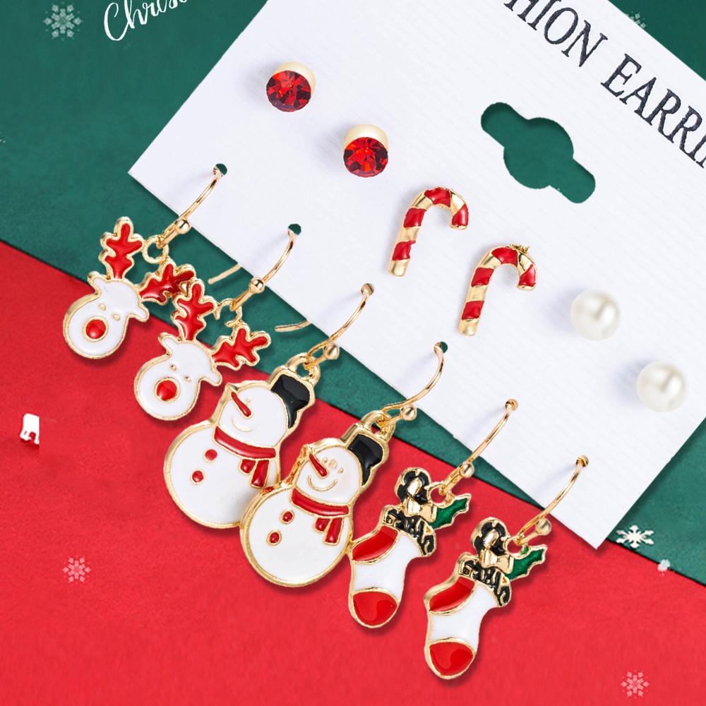 6 Pairs Fashionable Cartoon Sweet Christmas Series Earrings Santa Claus Christmas Socks Drip Oil Pattern Earrings Accessories
