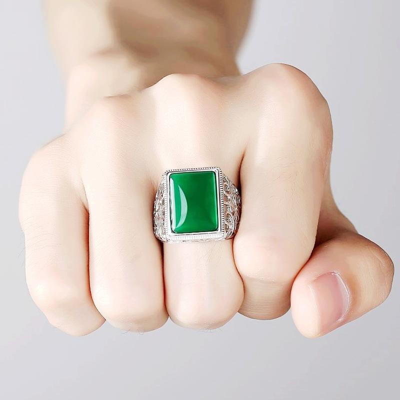 HuiSept 925 Silver Ring Jewelry for Men Geometric Shape Emerald Gemstone Rings Ornaments for Wedding Anniversary Gifts Resizable