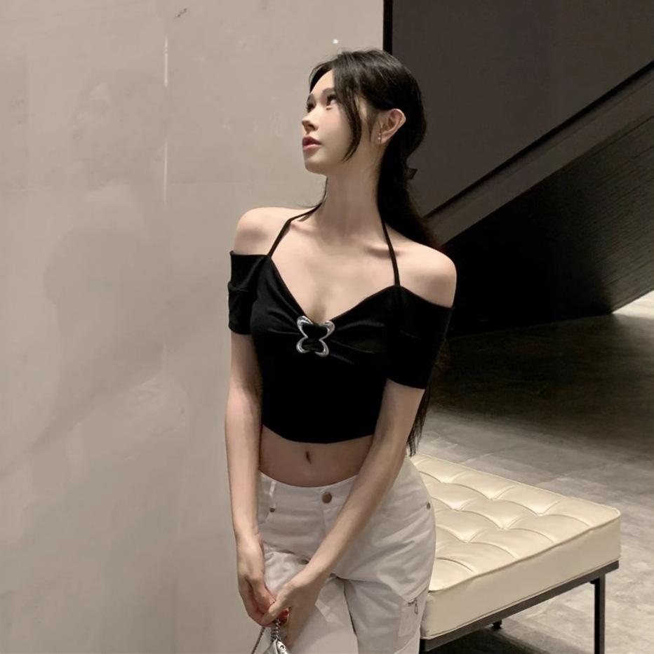 New Pure Desire Wind Off-the-shoulder Short-sleeved T-shirt Women's Summer Sweet Babes Sexy V-neck Slim-fit Top