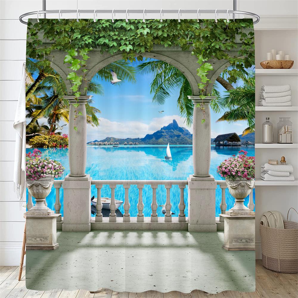 Beautiful Pastoral Garden Scenery Shower Curtain Rose Garden Flower Polyester Waterproof Bathroom Shower Curtain Decor Curtain