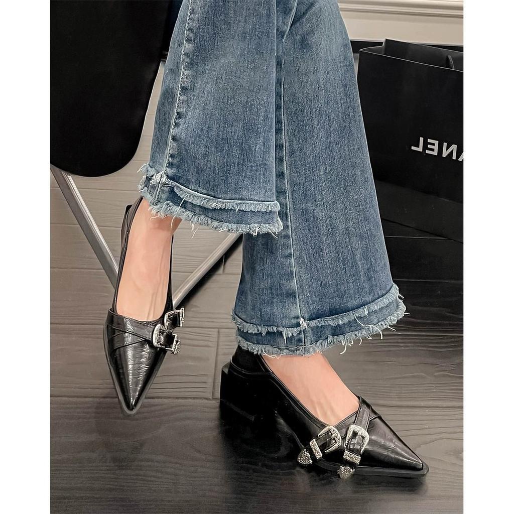 Pointed versatile professional small leather shoes women's new British style thick heel high heels temperament black solid color single shoes