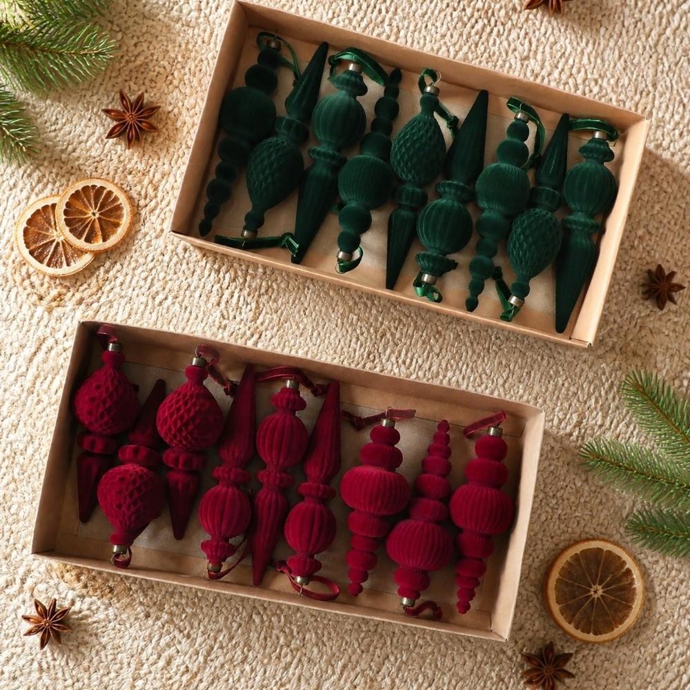 9-teiliges Set Samt-Weihnachtskugeln in einfarbig, Vintage-Kugeln mit langer Spitze, Hängende Ornamente, Kranz