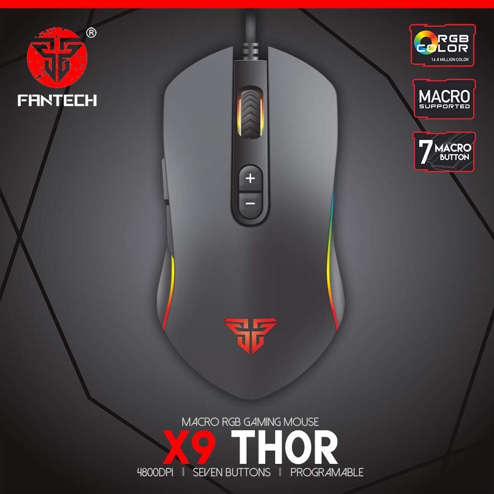 FANTECH Basic Wired Gaming Mouse X9 RGB 7 Butoane Macro Programabile True 4800 DPI Claw Grip Mouse de Gaming Confortabil pentru Începători pentru Windows PC Negru