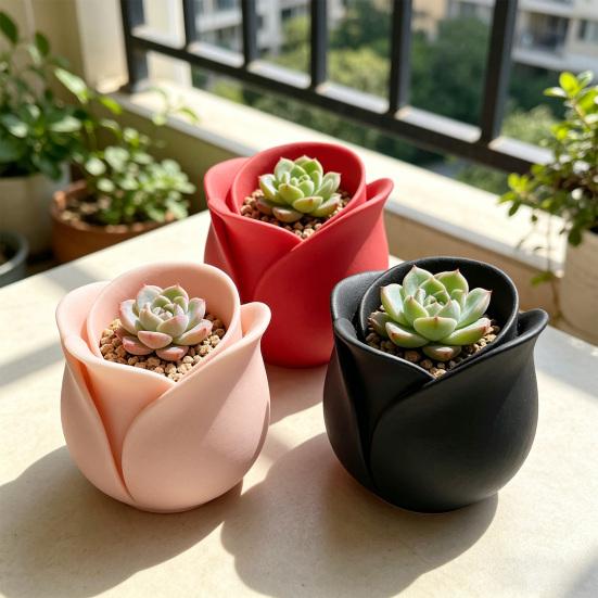 3D Printed Rose Shaped Planter Mini Flower Pot for Succulents Herbs Small Plants Cute Tiny Cactus Pot for Office Home Desktop Windowsill Garden Decor