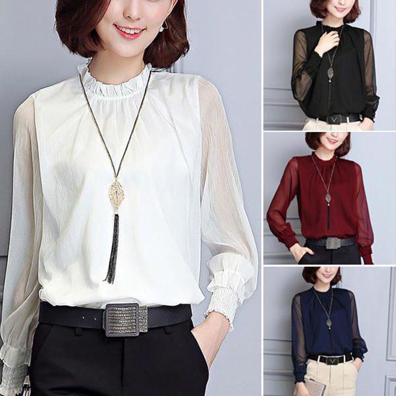Womens Spring Chiffon Shirt With Lace Vneck And Long Sleeves For Casual Daily Wear