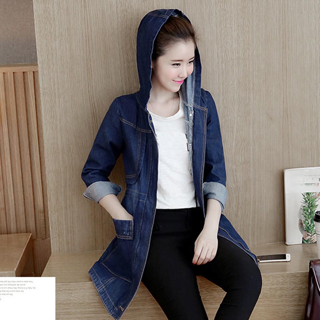 Fashion Women Jeans Top Denim Hoodie Blouse Long Sleeve Loose Coat