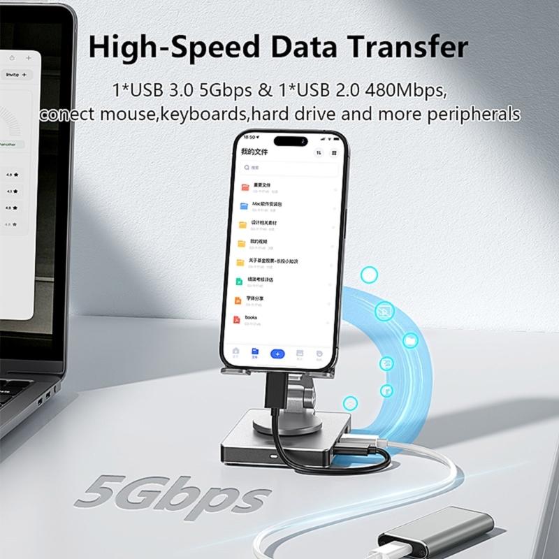 Rotating Aluminum Phone Hub 8 in 1 USB C Docking Station 5Gbps 100W PD Charging Foldable Stand for Multiple Devices