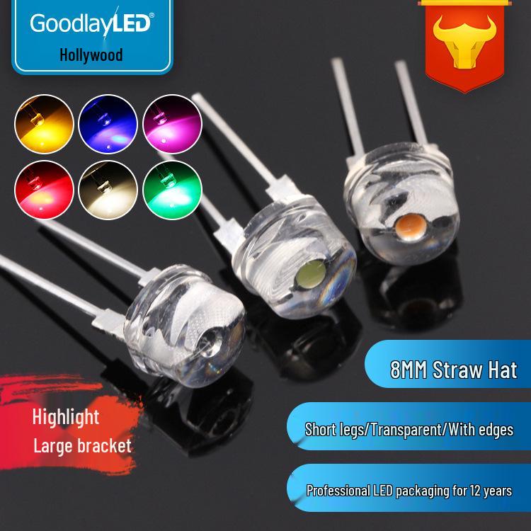 

8mm Straw Hat LED Lamp Beads - White, Red, Blue, Green, Yellow 0.5W White