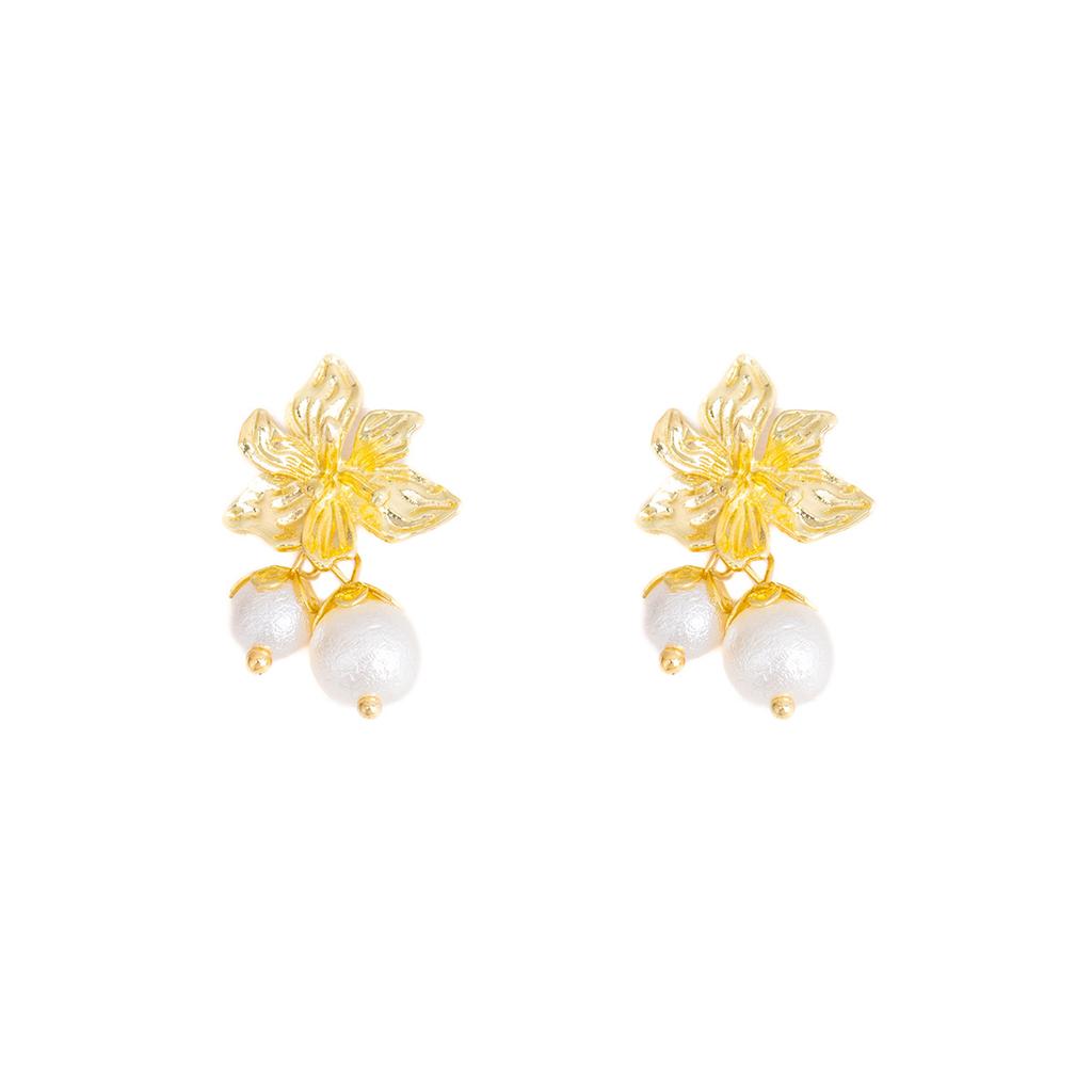 French Small Flower Pearl Ball Earrings Retro Niche Gold Earrings Front And Rear Light Luxury Simple Earrings Women