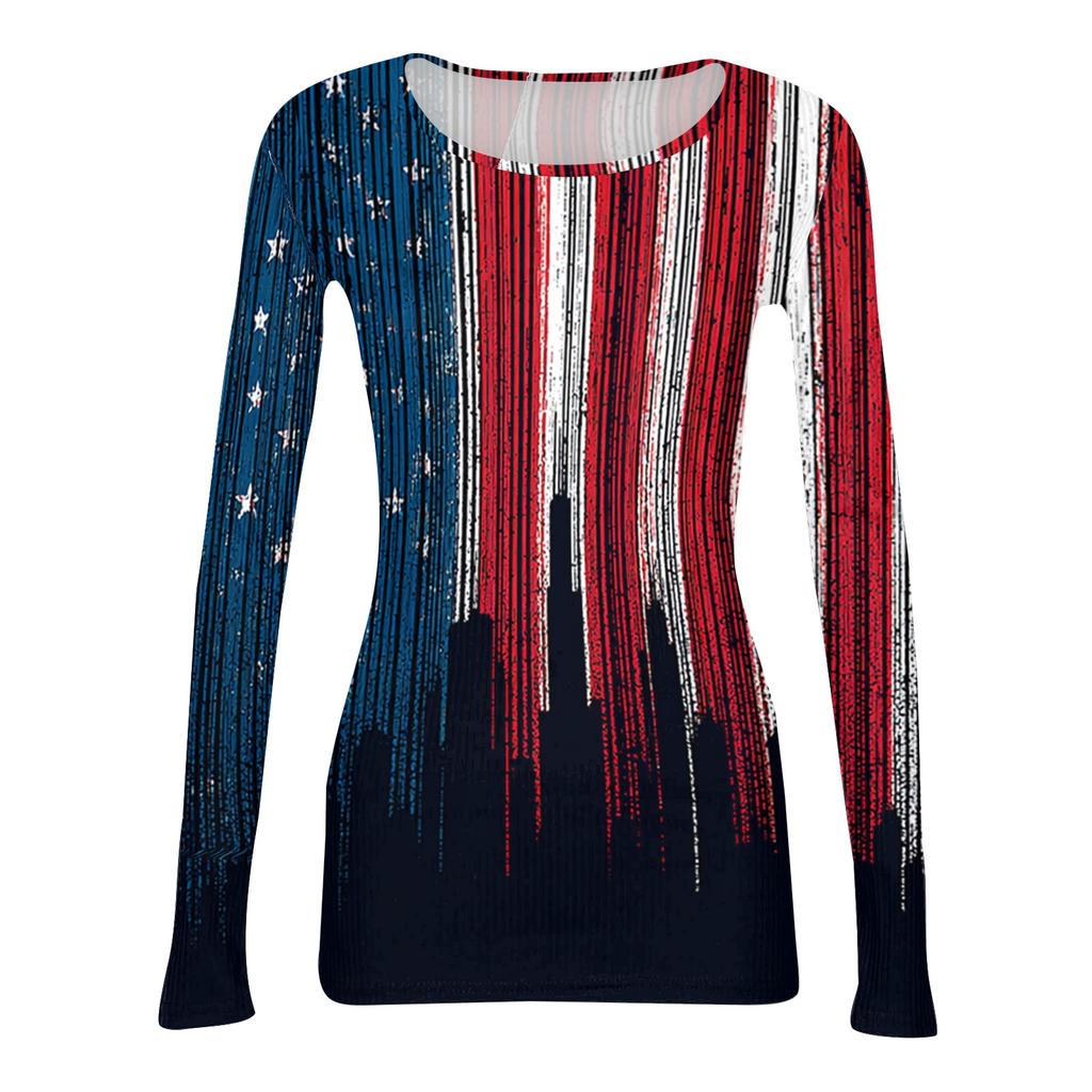 Damen Freizeit Langarm Rippstrick Oberteil Rundhals Pullover Amerikanische Flagge Print Leicht Dehnbares Shirt für den Alltag