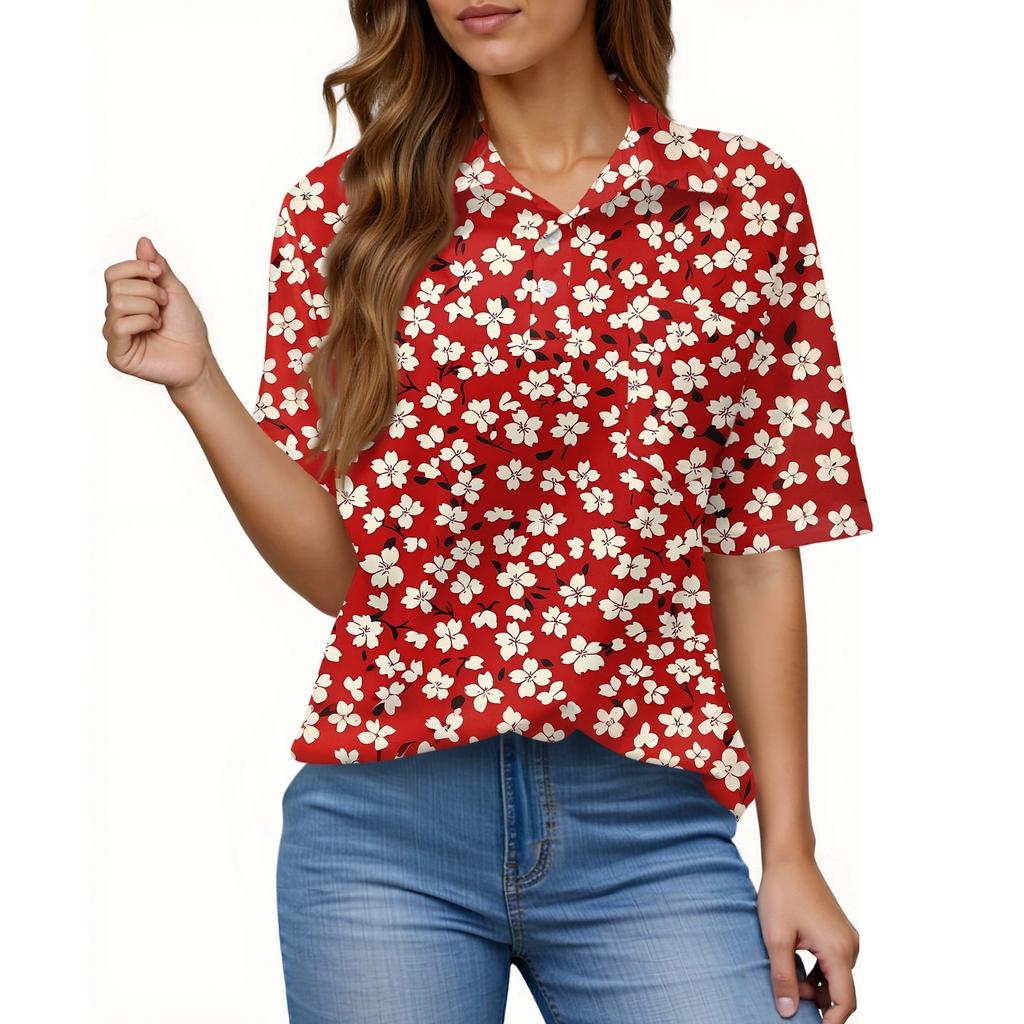 Damenmode Lässig Knopf Tasche Hemd Kurze Ärmel Druck Revers Oberteil