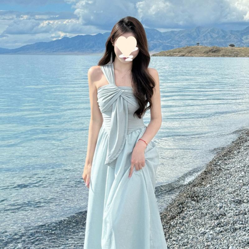 New high-end irregular design seaside vacation tube top dress children s summer temperament long dress S