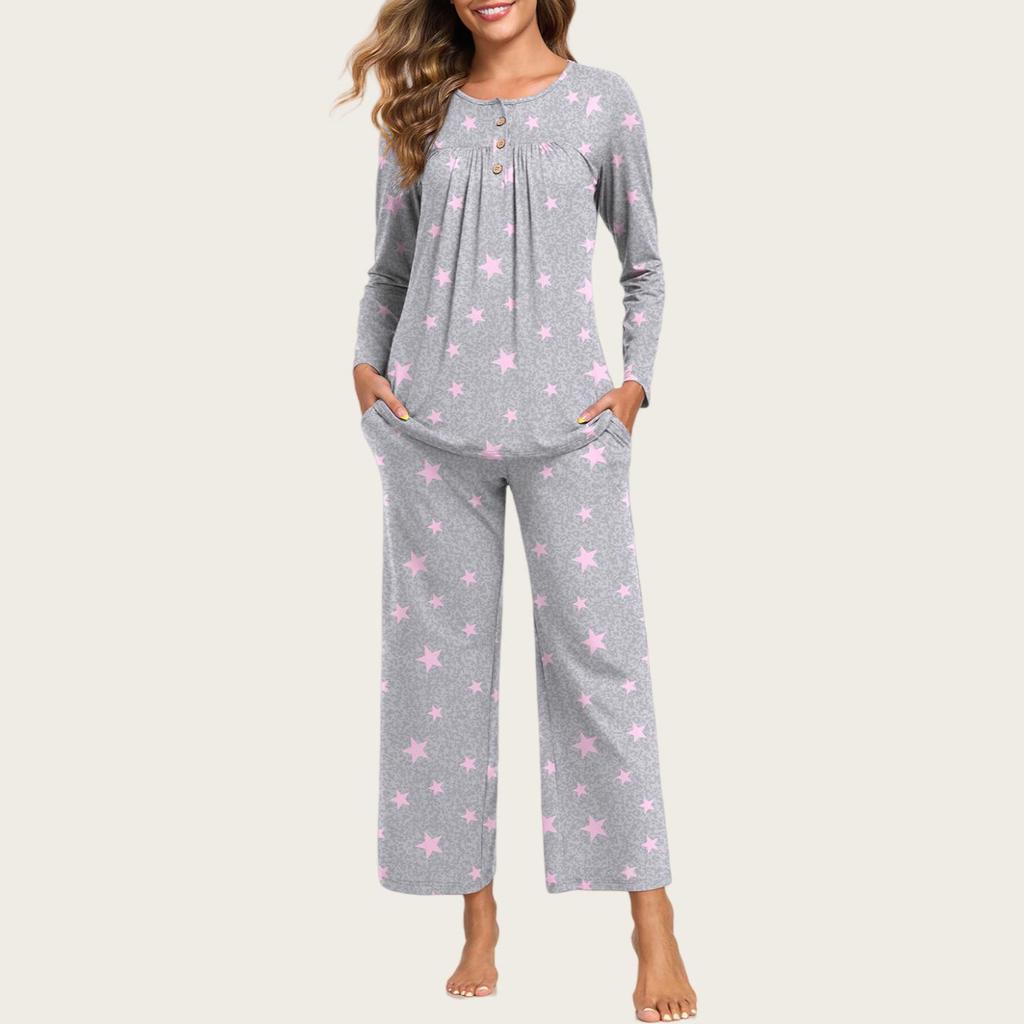 European & American Women's Fashion: Autumn 2025 2-Piece Pajama Set – Casual Long Sleeve Top & Pants with Pockets