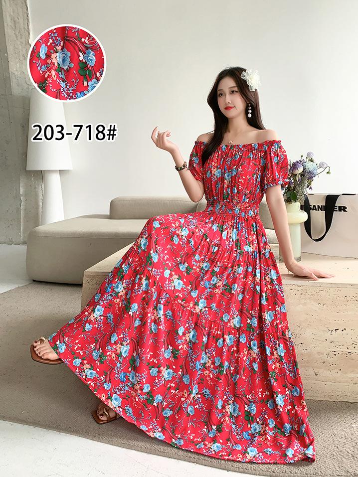 2024 Women's Beach Dress Short Sleeve Floral Dress Cotton Travel Vacation Bohemian Skirt Summer Halter