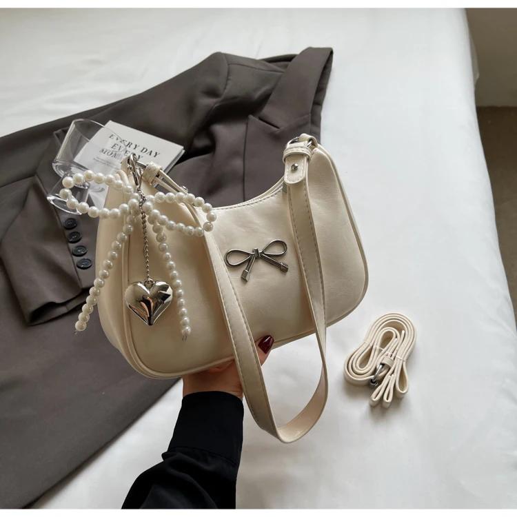 Chain Zipper Pu  Popular Shoulder Bag Sewing Thread Solid Color Bow Fashion Crossbody Bag Soft Versatile Women's Handbag