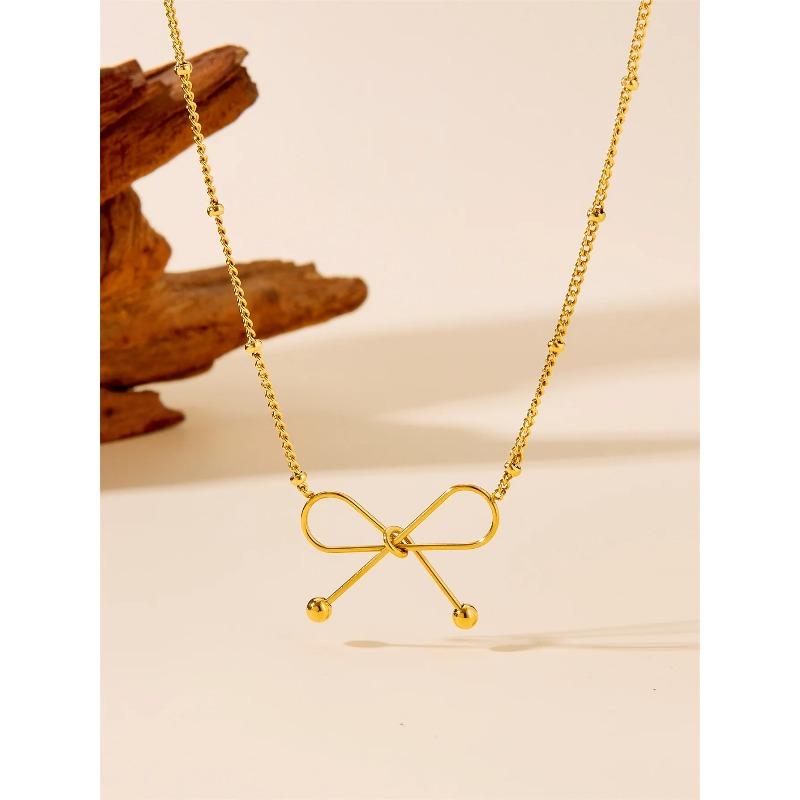 L316 Stainless Steel Beads Chain Hollow Bowknot Pendant Necklace for Women Niche Simple Jewery Accessory